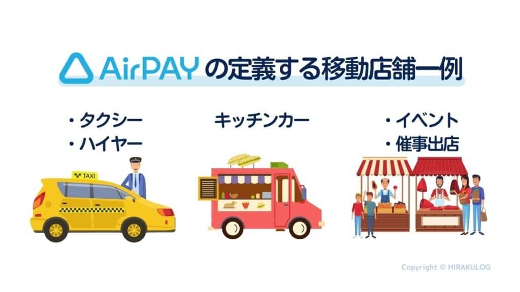 【Airペイの定義する移動店舗一例】タクシー・ハイヤー、キッチンカー、イベント・催事出店