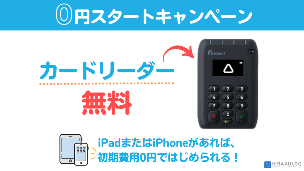 『Airペイ(エアペイ)の0円スタートキャンペーン』カードリーダーが無料なので、iPadまたはiPhoneがあれば導入費用0円で始められます。